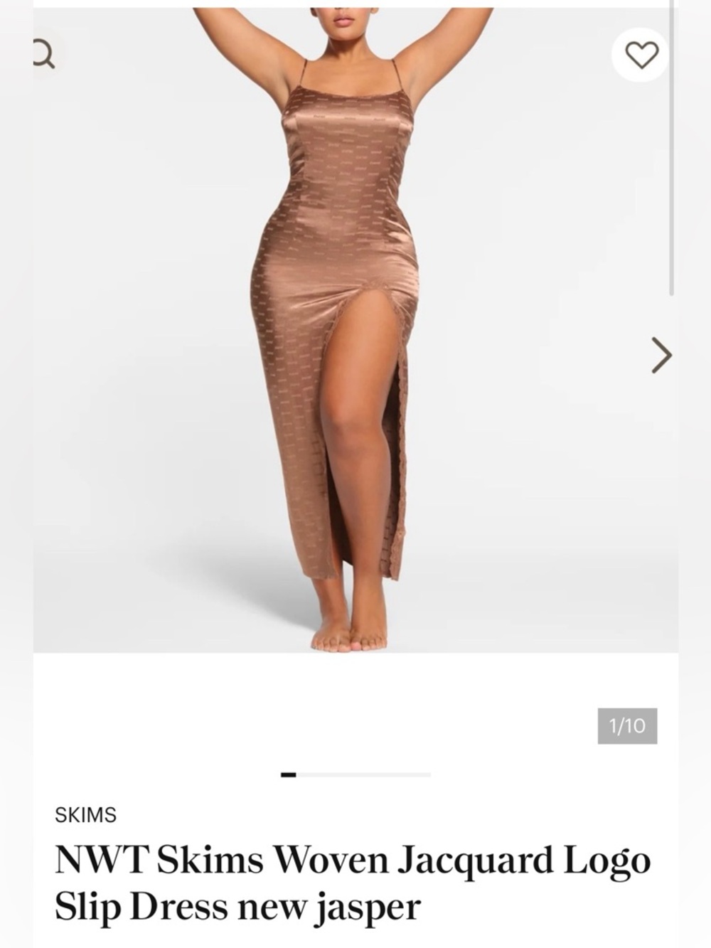 SKIMS Satin Jacquard Slip Dress in Bronze Brown with High Slit